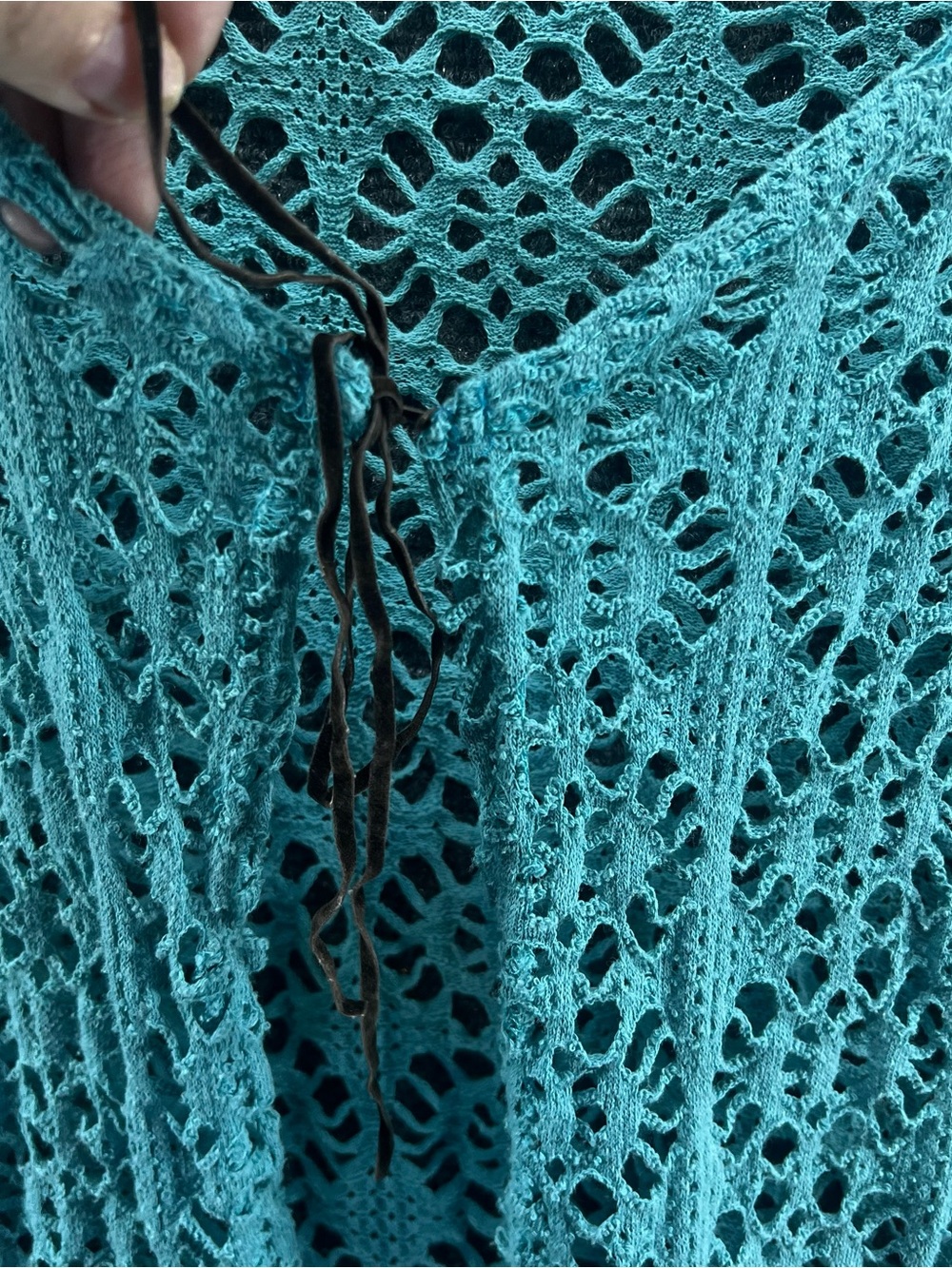 Vtg Caren Sport Crochet Tie Front Cardigan 1X Teal Boho Cottagecore Coastal - Picture 3 of 10